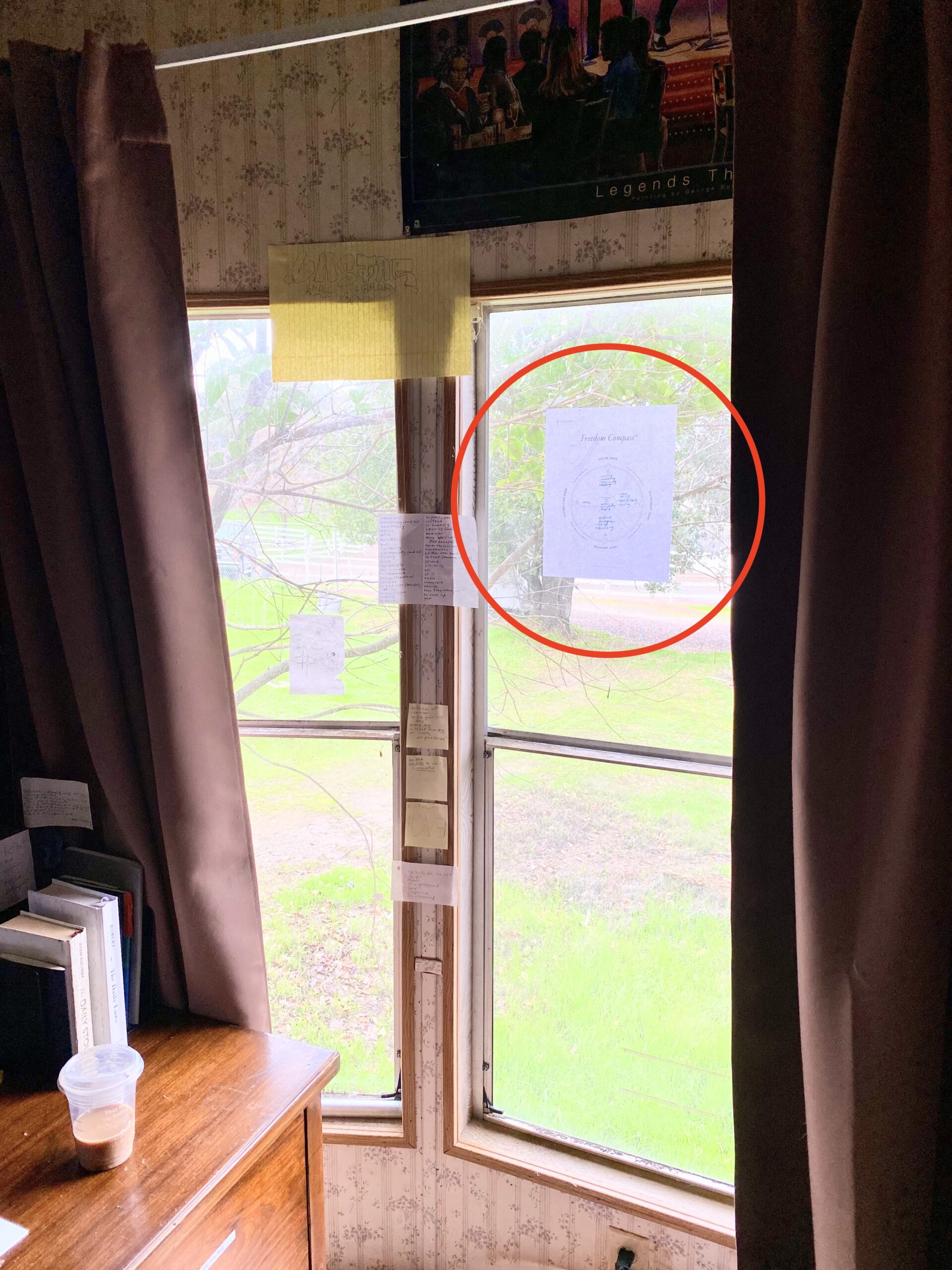 I draw open these curtains each morning. Also, to the left is a list of transitional devices, which dramatically improved my writing (For more on this, read Writing With Style by John R. Trimble). 
